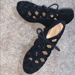 High heels, three inch black platform heels